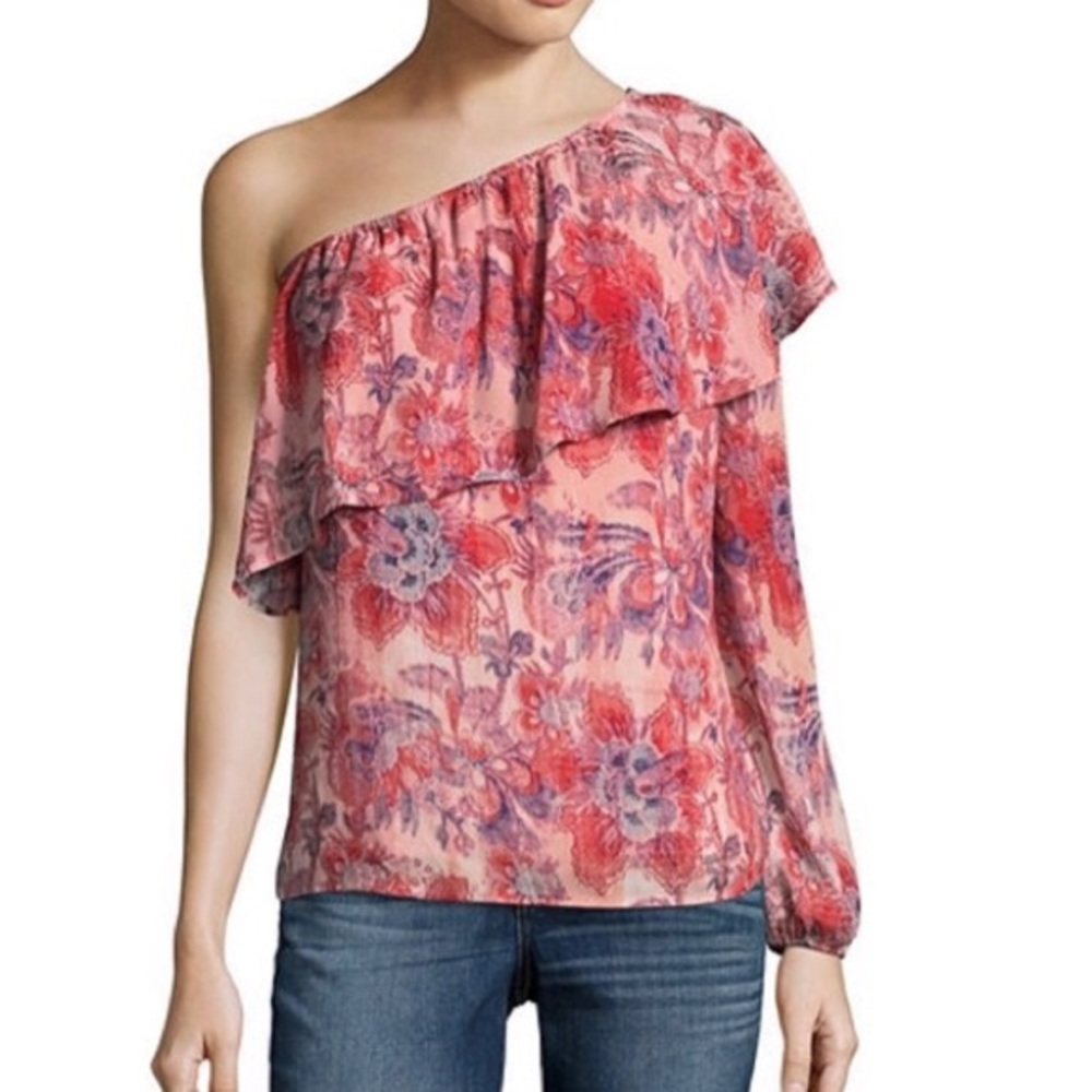 Belle + Sky Floral Print One Shoulder Ruffle Top
